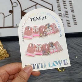 TENPAL 10Pcs Ballerina Press On Nails With Tools,3D Bow Flushed French Tip Fake Nails with Crystals Bow,Icy Pink Duckbill Nails with Glitter Sweet Punk Designs,Acrylic Glue on Nails for Pool Party(L)