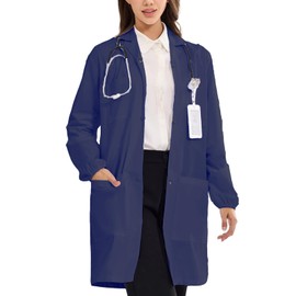 Wellhin Women's Navy Blue Lab Coats Snap Closure 4 Pockets Elastic Cuffs Professional Medicas Long Sleeve Labcoats Scientist College XS