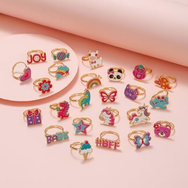 LINYUECH Pack of 24 Children's Rings for Girls, Elephants, Unicorns, Panda Jewellery Adjustable Rings, Children's Dress Up Ring Sets, Love Bow Gift Boxes for Children, Birthday Party Gifts