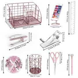 YOLOZAI Pink Office Desk Organizers, 13PCS Office Supplies and Accessories Desk organizer, Acrylic Stapler, Staple Remover, Clips, Scissor, Phone Holder, Pen, Pen Holder, Tape Dispenser