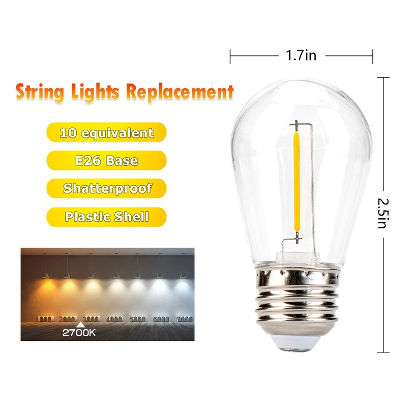 Leadleds 15 Pack S14 LED String Light Bulbs, Shatterproof Vintage