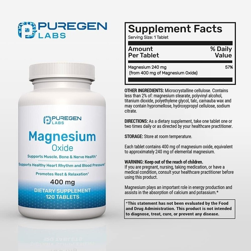 Puregen Magnesium Oxide 400mg High Potency Supplement 120 Tablets 2