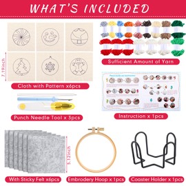 Yaomiao 6 Pcs Christmas Punch Needle Coaster Kit Punch Needle Embroidery Kits Punch Needle Set Craft Supplies with Patterns Yarns Tools Adhesive Felt Embroidery Hoop Instruction Holder for Adult DIY