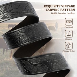 GENEMEN Western Cowboy Herd Buckle Belt for Men Women Cowgirl Floral Engraved Embossed Leather Belt for Jeans (Sliver Herd Black, 110)