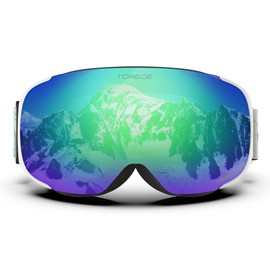 TOREGE Ski Goggles Anti Fog Dual-Layer UV Protection Snowboard Goggles OTG Snow Goggles for Men Women TG04 (Matte White Frame & Revo Green Lens)