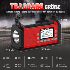 PRUNUS J-924 Digital Radio DAB+/UKW, Kurbelradio Notfall mit 10000mAh Akku, DAB Radio mit Bluetooth, Notfallradio mit Taschenlampe/SOS Alarm/Handyladefunktion für Ourdoor, Notfall (Rot)