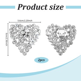 WEBEEDY Pack of 2 Heart Shoe Buckles Silver Rhinestone Shoe Buckle Removable Shoe Clips Women's Shoe Accessories DIY Shoe Clips Decoration for Wedding Valentine's Day (5.6 x 6 cm), Metal