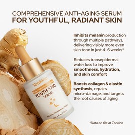Tonkina Youth 1700 Bakuchiol Serum with Niacinamide, Tranexamic Acid, Hyaluronic Peptides & Vietnamses Ginseng, Brightening Retinol Alternative for Face, Anti Aging & Dark Spot Remover