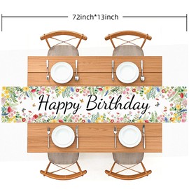 Happy Birthday Table Runner, Floral Garden Flowers Design Kitchen Dining Table Decoration for Birthday Party Decor 72 x 13 inches, White