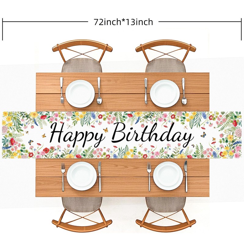 Happy Birthday Table Runner, Floral Garden Flowers Design Kitchen Dining