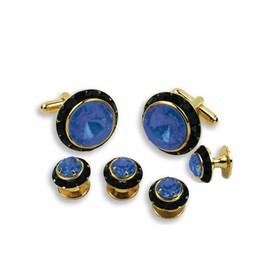 EZ Tuxedo Crystal Cufflinks and Studs with Sapphire Center and Black Trim