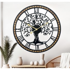 Large Wall Clock for Living Room Decor 18 Inch Tree of Life Metal Wall Art - Oversized Non-Ticking Battery Operated Silent Clock for Kitchen/Bedroom Home Decor