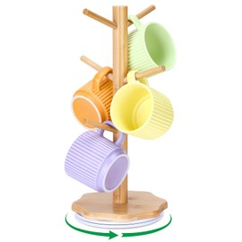 Euqvunn 360° Rotating Cup Holder, Coffee Cups, Cup Stand, Sturdy Pretzel Stand with Wooden Base in Flower Shape, Cup Rack Wood for Kitchen and Coffee Bar, Pretzel Stand with 6 Hooks Wood