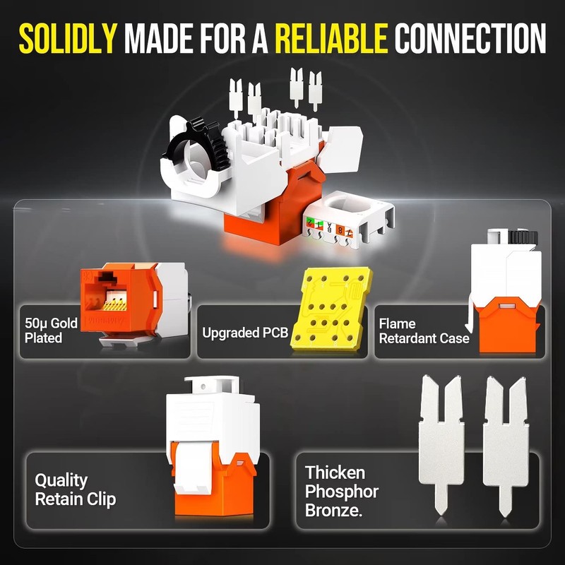 AMPCOM CAT6 RJ45 UTP Keystone Jack Tool-Less with Adjustable Ratchet