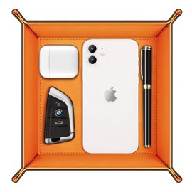 SITHON Valet Tray Desktop Storage Organizer – Premium PU Leather Catchall Tray Bedside Vanity Tray Nightstand Caddy Holder for Remote Controller, Keys, Phone, Wallet, Coin, Jewelry (Orange)