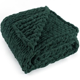 LONG CREATE Chunky Knit Throw Blanket 60"X 80", 100% Handmade with Soft Chenille Yarn, 4.4lbs Thick Cable Knitted Blankets, Large Rope Knot Crochet Throws for Couch Sofa Bed Home Decor, Dark Green