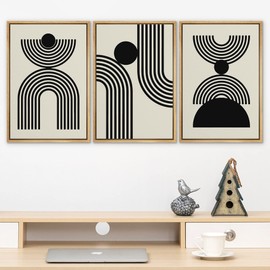 SIGNLEADER Framed Canvas Print Wall Art Set Duotone Geometric Mid-Century Stripe Circles Abstract Shapes Illustrations Modern Art Boho Decorative for Living Room, Bedroom, Office - 16"x24"x3 NATURAL