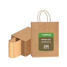 TUNTLO Gift Bags 10.6x8.2x4.3 100 Pack Medium Size Brown Paper Bag With Handles,Kraft Paper Bags for Small Business Bulk Bags,Wedding Party Favor Bags, Shopping Lunch Bags, Birthday Celebrations Bags