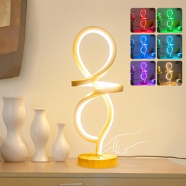 Mayful Modern Table Lamp, LED Spiral Lamp, RGB Table Lamp, Wood Grain Bedside Lamp with 7 Colors 10 Light Modes, Touch Dimmable Nightstand Lamp for Bedroom Living Room Home Office, 15W