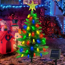 Upgraded 4FT Solar Christmas Tree with 100 LED C6 Bulb Lights, 250 Branch Prelit Xmas Tree Cemetery Grave Decorations, Waterproof Solar Christmas Yard Lights for Porch, Pathway, Yard, Cemetery, 1 Pack