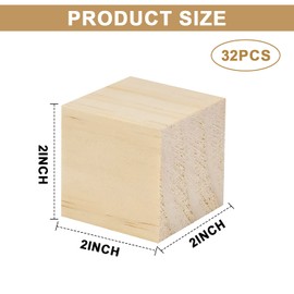 Keshufu Unfinished Wooden Cubes, 32pcs 2 inch Wooden Blocks for Crafts, Wood Square Blocks for DIY Projects Puzzle Making Letters Stamps(2 Inch,32 Pcs)