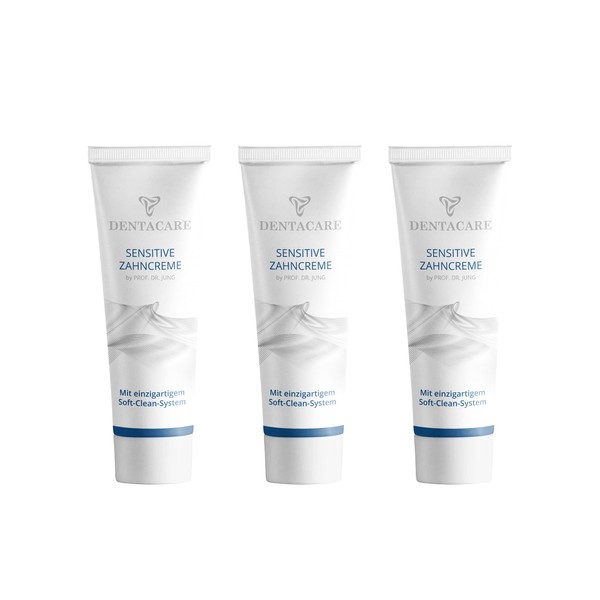 (3 x 75 ml) DENTACARE Sensitive Tooth Cream by Prof. Dr. Jung, with the innovative soft clean system, removes discolouration and deposits particularly gently and thoroughly.