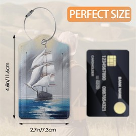 Marine Sailboat Painting Luggage Tags Bag Tag with Privacy Cover Name Id Card Stainless Steel Loop Suitcase Labels Pu Leather Baggage Tags for Travel,2 Pcs