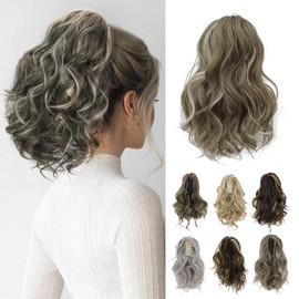 10 Inch Short Ponytail Extension, Claw Clip in Ponytail Hair Extensions Curly Wavy Ponytail Extensions Synthetic Hairpieces for Women - Light Brown with Golden Highlights