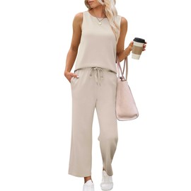 SAMPEEL Two Piece Set for Women Summer Outfits Beach Vacation Clothes Trendy Lounge Sets Travel Cruise Resort Wear Wide Leg Crop Pants Sets Beige M