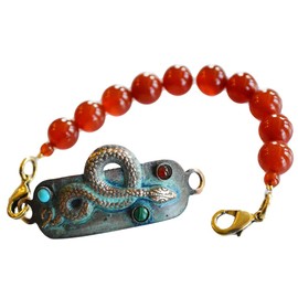 Elaine Coyne Collectible Artwear Verdigris Patina Solid Brass Snake Rockband - Malachite, Carnelian, Turquoise (Medium)