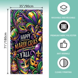 Happy Mardi Gras Door Cover Purple Mask Beads Iris Fleur De Lis Photo Backdrop Fat Tuesday Brazil Carnival Masquerade Party Birthday Decorations and Supplies for Home-71×35''