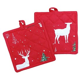 Set of 2 Pot Holders, Holiday Christmas Forest Green Tree, 100% Cotton Pocket Pot Holder with Polyester Fill, Size 8x8 Inch. Perfect for Thanks Giving, Christmas and Other Holiday Season.