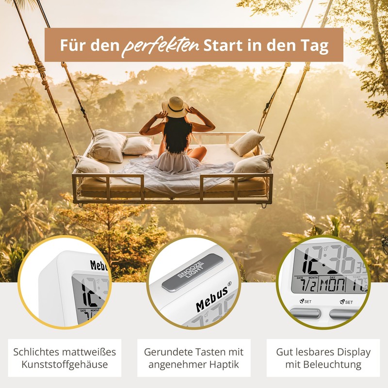MEBUS Radio-Controlled Alarm Clock with Temperature Display in Travel Size,