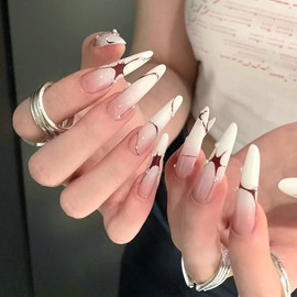 BABALAL Stiletto Press on Nails long - White Ombre Acrylic Nails Supplies Y2k Red Design Gothic Punk Manicure Stick on Nails 24Pcs Almond Artificial Nails for Women