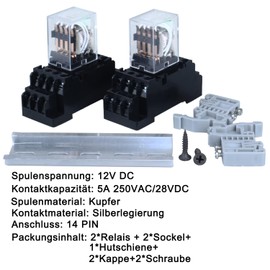 JIQI Electromagnetic Relay, 12VDC 5A Coil, 4NO 4NC Contact Type, Copper Silver Contact Material, 14 Pins, DIN Rail Mount, 2Pcs/set