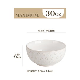 MALACASA Cereal Bowls, 30 Ounce Ceramic Soup Bowl for Kitchen, Stoneware Bowls Set of 4 with Embossment for Pho, Chip, Fruits, Salad, Noodle, Ramen - 6 Inch, Arctic White Series LYDIA