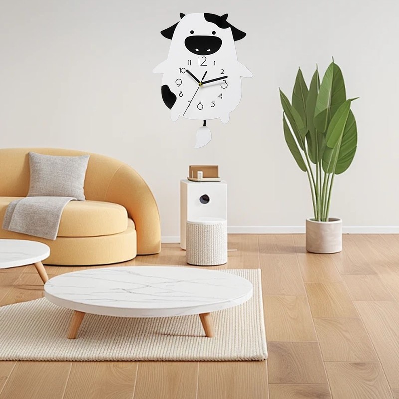 Acrylic Wall Clock Cartoon Cow Shape Silent Movement Decorative Swinging