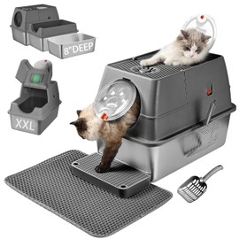 Stainless Steel Litter Box with Lid, XL Extra Large Enclosed Metal Litter Box, Includes 2 Scoops and a Litter Mat. Easy to Clean, Anti-Leakage, Odor Free, Front & Top Dual Entry (Dark Gray)