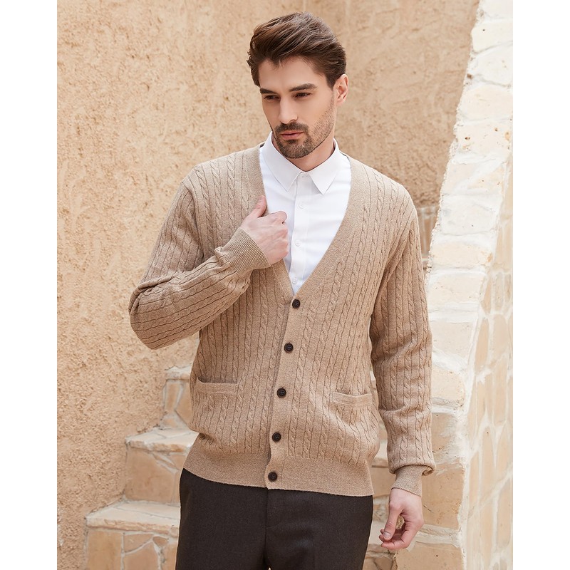 Kallspin Men's Cardigan Sweater Wool Blend V Neck Cable Knit