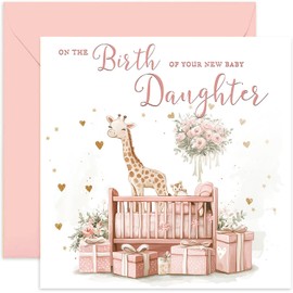 Birth of Daughter Greeting Card for New Parents - Pink Baby Girl Nursery Design - Keepsake Gifts for Birth - Congratulations, Celebrations Traditional Design - Blank Inside with Envelope