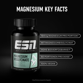 ESN Magnesium Caps, 120 Capsules, 194 mg Magnesium per Daily Serving - Magnesium Bisglycinate Capsules, High Bioavailability - Made in Germany