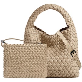 Handmade Woven Shoulder Bags for Women Cute Hobo Tote Handbag Mini Clutch Purse with Magnetic Buckle Crossbody Phone Bag (Milk tea)