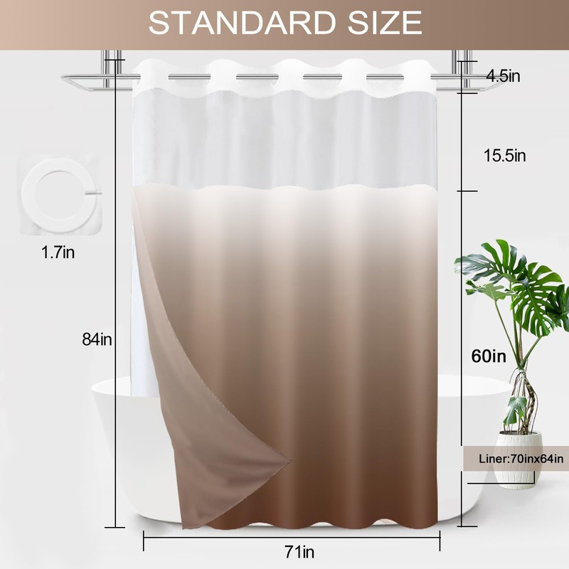 TWLSNCD Extra Long No Hook Ombre Brown Shower Curtain with