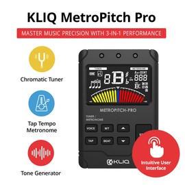 KLIQ MetroPitch-PRO - Rechargeable Metronome Tuner for All Instruments - with Guitar, Bass, Violin, Ukulele, and Chromatic Tuning Modes - Tone Generator - Wired sensor Included, Black