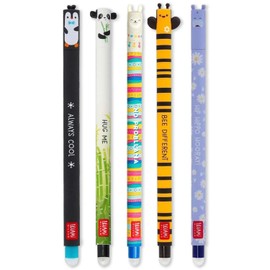 Legami Set of 5 Erasable Gel Pens with Heat Sensitive Ink, Choice of Ink Colours and Designs, 0.7mm Tip, Penguin, Panda, Lama, Bee and Hippo