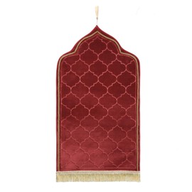 Muslim Prayer Rug Gold Rimmed Soft Thick Flannel Prayer Carpet Mat 25.5x45 Inch One of Three Random Patterns, Burgundy