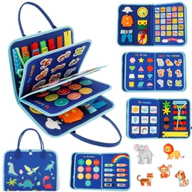 Busy Book for Toddler Soft Baby Felt Montessori Quiet Books with 8 Interactive Pages and Zipper Removable Baby Quiet Book Preschool Learning Activities for Boys Girls Infants (Blue-with Handle)