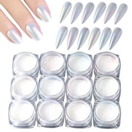 WOKOTO 12 Colors White Pearl Chrome Nail Powder for Nail Art Aurora Nail Chrome Powder Holographic Mirror Effect Chrome Powder for Nails Iridescent Shell Powder Glitter Nail Art Pigment for Nails