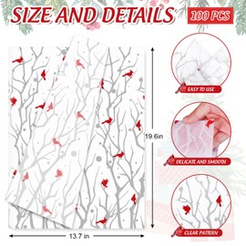 Whaline 100 Sheet Christmas Tissue Paper Set Cardinal Print Gift Wrapping Paper DIY Art Craft Tissue for Xmas Packaging Wedding Birthday Bouquet, 13.7 x 19.6 Inch