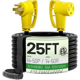 50 Amp RV/EV Extension Cord 25 FT Outdoor with Grip Handle, Flexible Heavy Duty 6/3+8/1 Gauge STW 4 Prong RV Power Cord Waterproof, NEMA 14-50P to 14-50R, Black-Yellow, ETL Listed